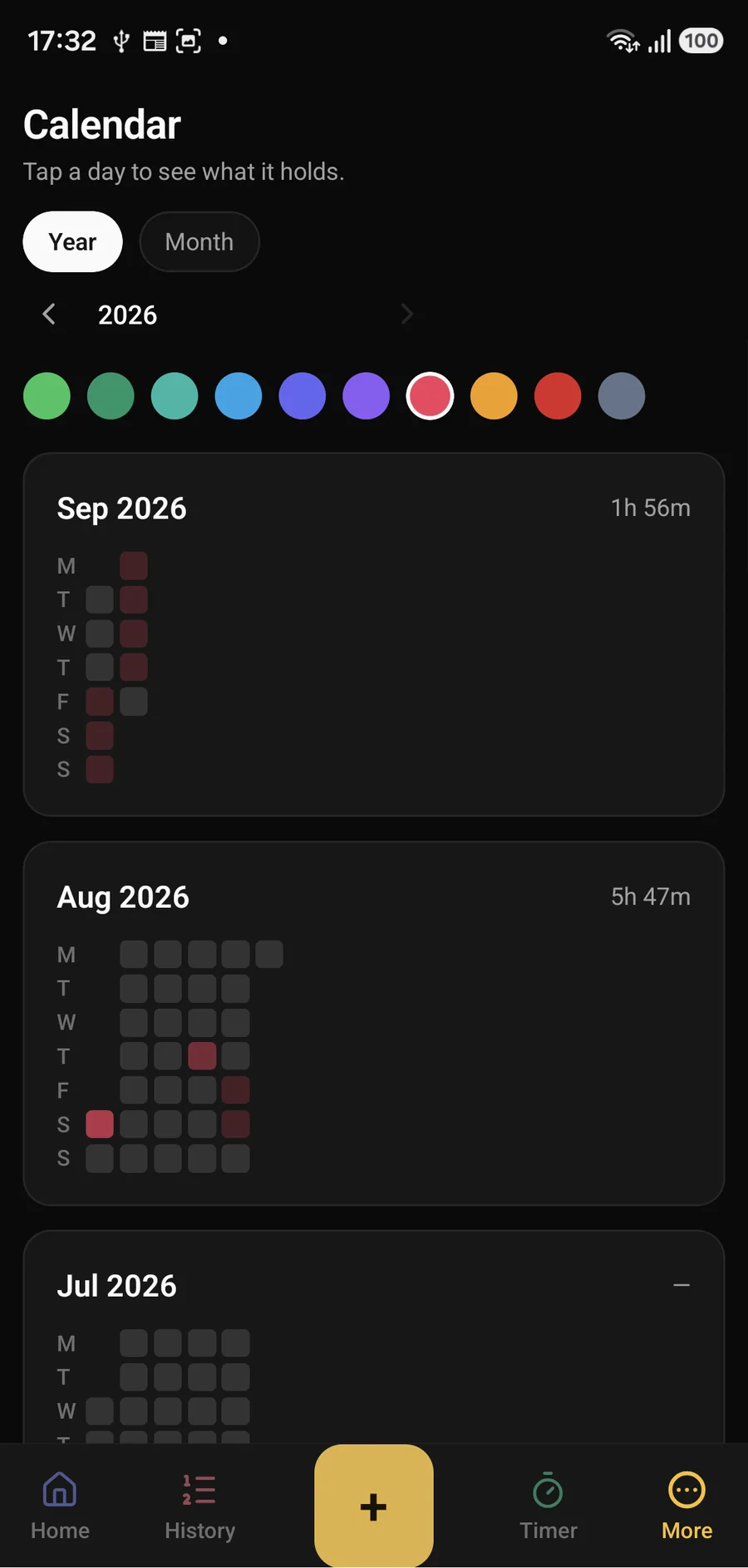 The Hitasura calendar on Android: a palette of ten heatmap colours and a month-by-month grid of days logged.