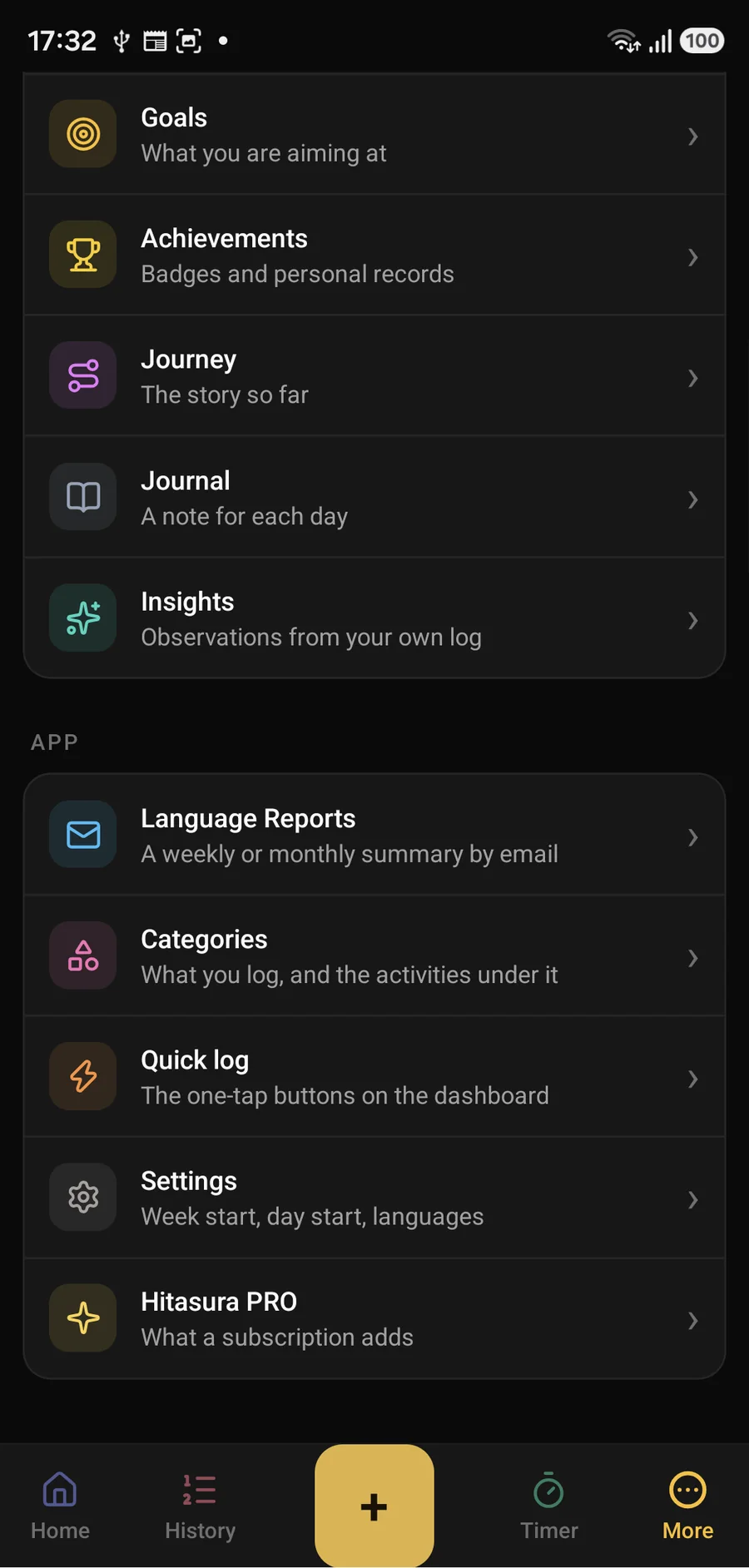The Hitasura menu on Android: calendar, analytics, media, goals, achievements, journey, journal and insights.
