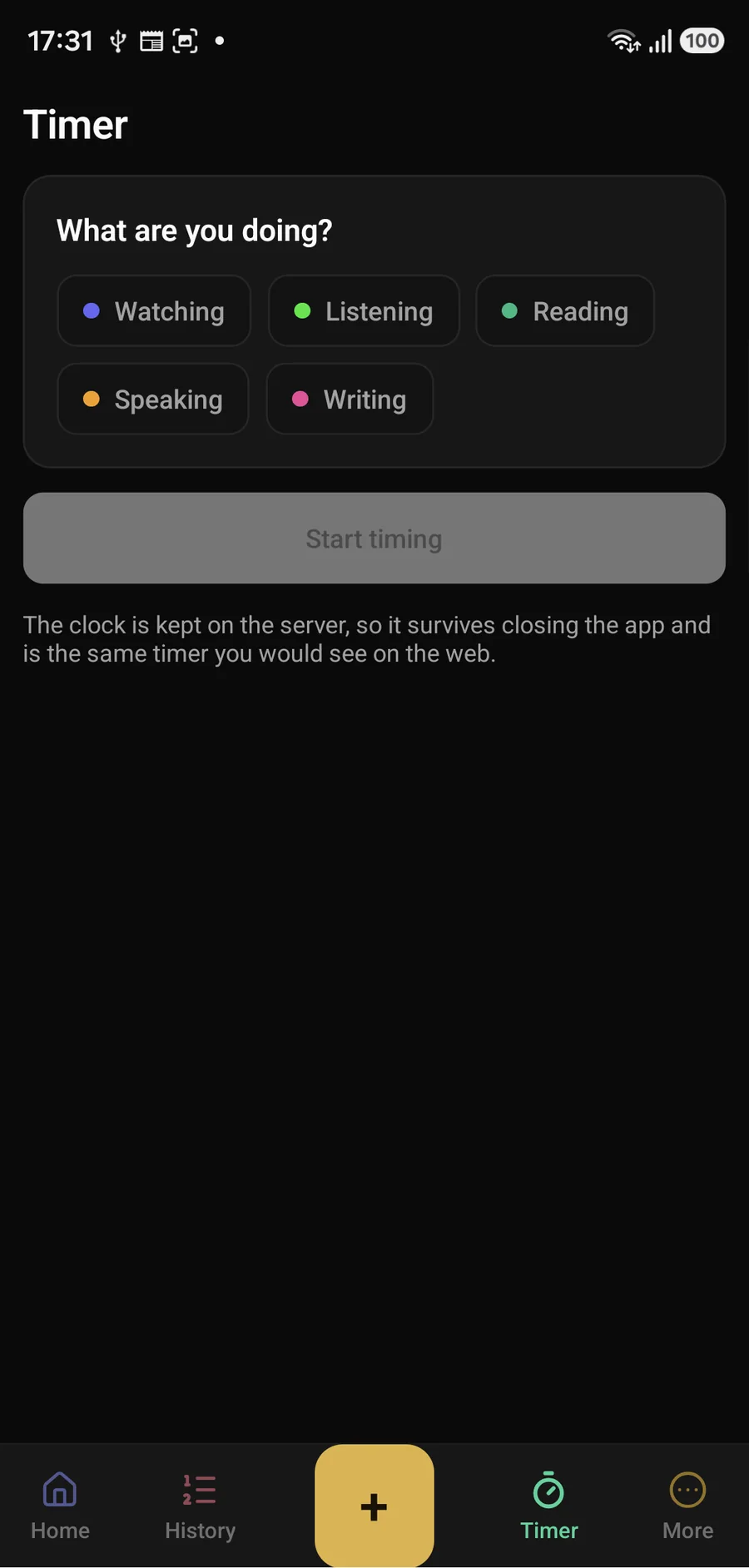 The Hitasura timer on Android: a category chooser across the top and a start button beneath.
